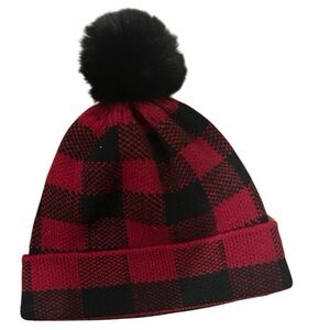 Buffalo check Red and Black Plaid Pom-Pom Beanie